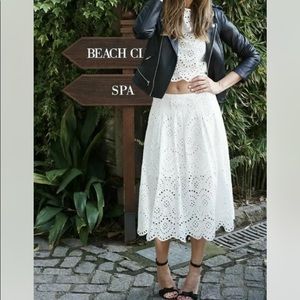 ZARA Woman White EYELET CUT OUT Lace Embroidered MIDI Skirt size Large
